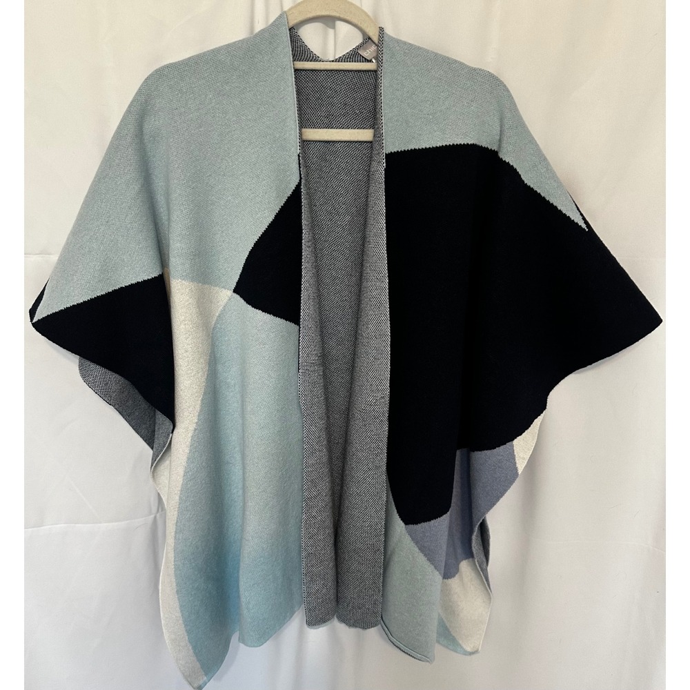 Chicos Womens Geometric Colorblock Poncho Wrap Blue Navy Cream L/XL